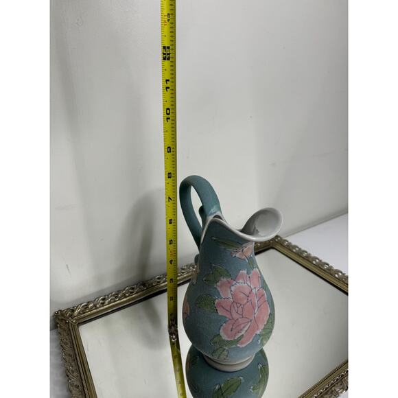 Vintage Glazed Sand Textured Botanical Roses Blue Ceramic Ewer Pitcher Vase - Picture 7 of 9